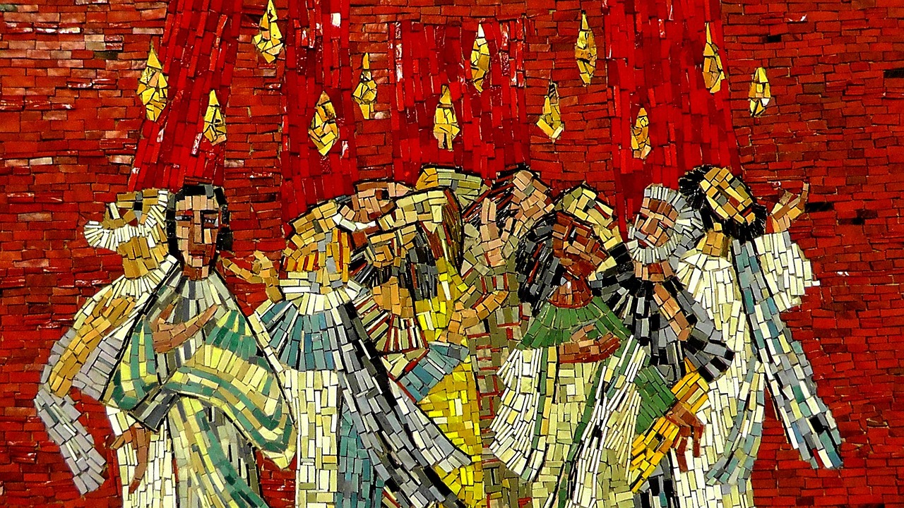 Acts 2 pentecost in the upper room with Holy Spirit and disciples