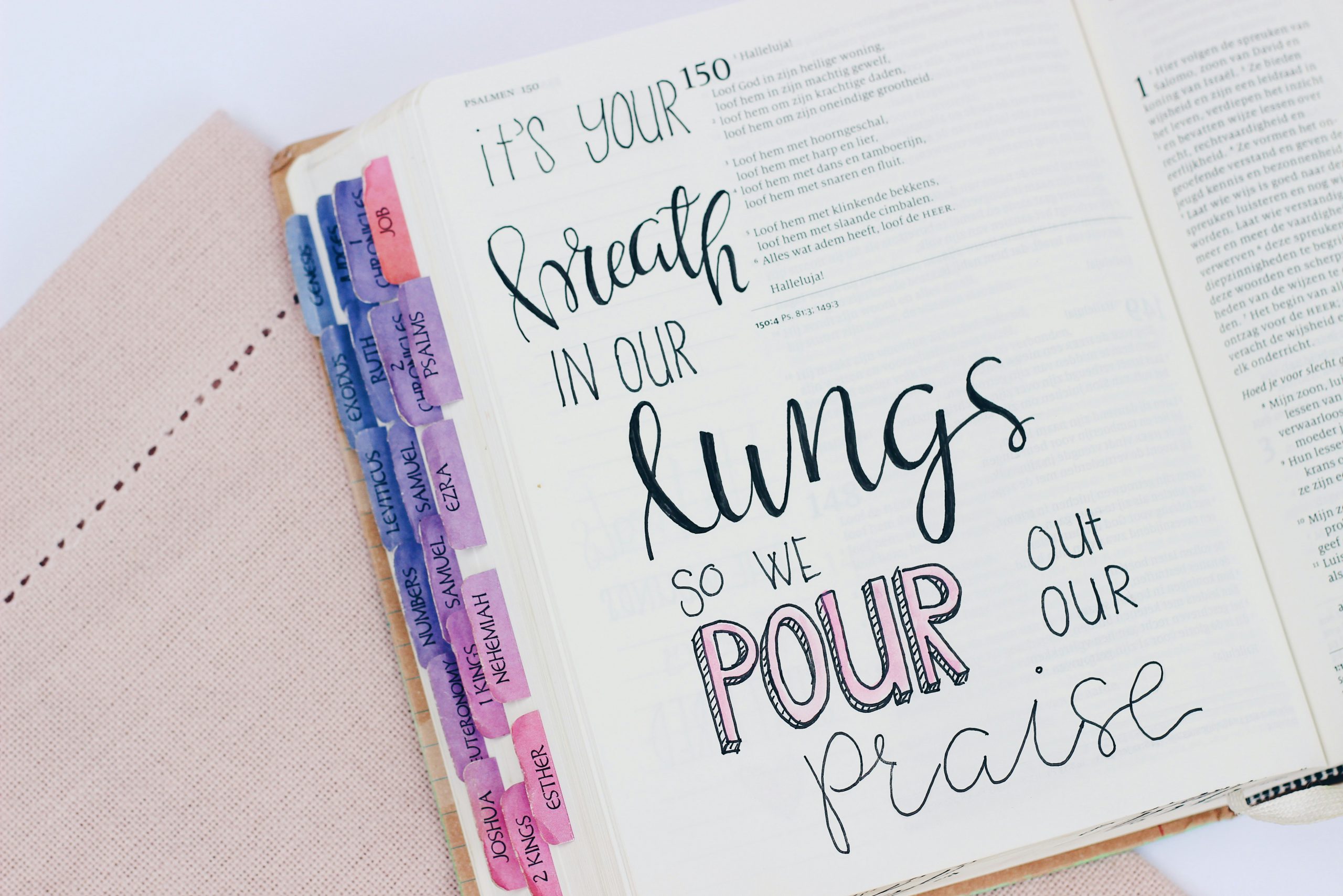 Bible written in that reads 'it's Your breath in our lungs, so we pour out our praise'